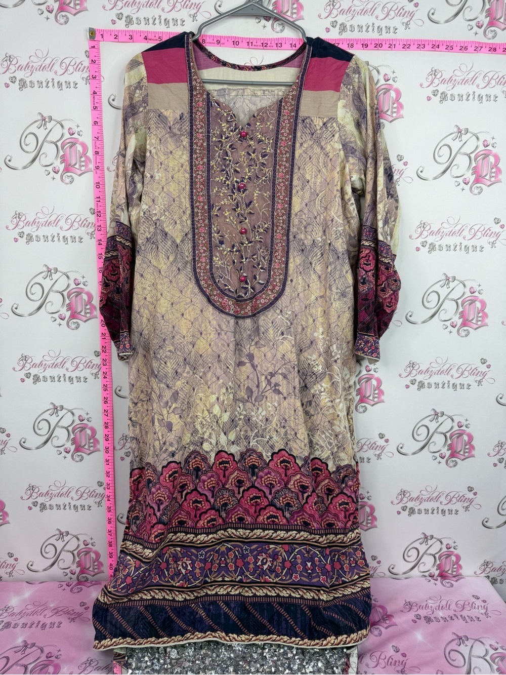 Dress Embroidered Neutral & Pink Tunic Dress